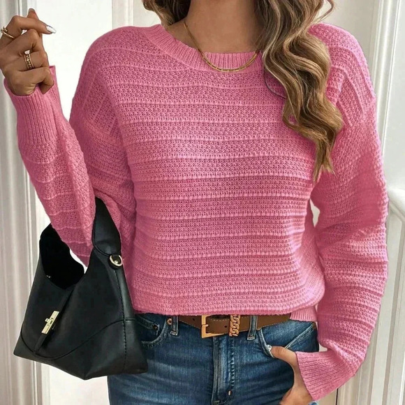 Hot Pink Casual Women's Minimalist Bow Decor Crew Neck Sweater - Picture 5 of 6